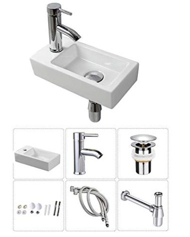 Wall Hung Basin Sink Small Cloakroom Basin Rectangle Ceramic Wash Basin Left Hand with Tap & Drain(Art Deco)