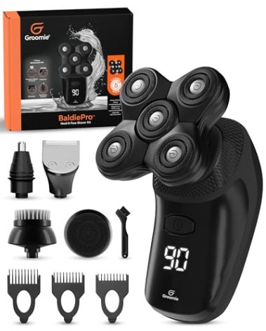 Groomie Cordless Bald Head Shavers for Men, BaldiePro Head Grooming Kit - Ergonomic & Waterproof Head Shavers for Bald Men - Electric Hair Shaver & Head Razor - Men's Rotary Shaver for Smooth Shave
