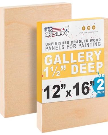 U.S. Art Supply 12" x 16" Unfinished Cradled Wood Panels for Painting, Gallery 1-1/2" Deep (2 Pack) - Artist Depth Wooden Wall Canvases - Mixed-Media Craft, Acrylic, Oil, Encaustic, Paint Pouring