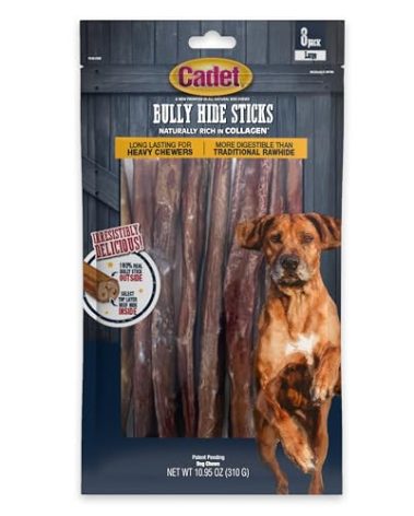 Cadet Bully Hide Sticks for Large Dogs – All-Natural Beef Pizzle, High Protein, Low Fat, Long-Lasting, Grain & Rawhide-Free Dog Chews for Aggressive Chewers, Large (8 Count)