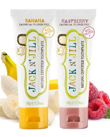 Jack N' Jill Natural Toddler Toothpaste - Fluoride Free Training Toothpaste for Toddlers 1-3, 40% Xylitol, BPA Free - Banana & Raspberry, 1.76 oz (Pack of 2)