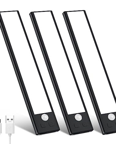 3 Pack Under Cabinet Lights, 32 LED Cold White Rechargeable Under Cabinet Lighting Motion Sensor LED Lights for Kitchen, Counter, Closet, Stairs (Black - Cold White Light, 8.07 Inch - 3 Pack)