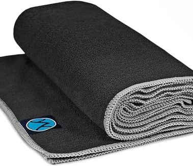 Youphoria Yoga Microfiber Non-Slip Towel - Hot Yoga Mat Towel for Enhanced Grip and Sweat Absorption - Black with Gray Stitching