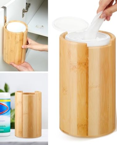 SiliFine Bamboo Wipes Dispenser Container, Disinfectant Wall Mounted Disinfectant Wipes Holder Decorative Bamboo Kitchen Organizer for Bathroom Office Classroom Countertop Home