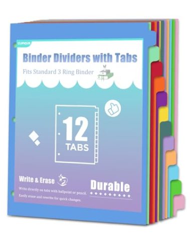 12-Tab Binder Dividers with Tabs for 3 Ring Binder, Write & Erase, Monthly Dividers for 8.5 x 11'' Letter Size Papers, Assorted Color, 1 Set