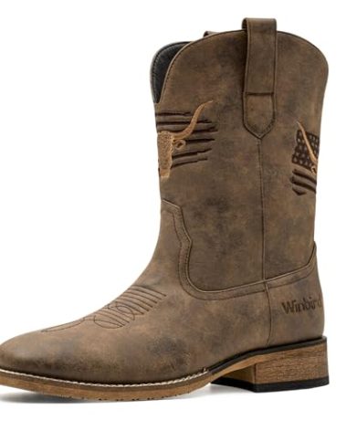 MacePhenoMelon Cowboy Boots For Men Square Toe Brown Western Men's Boots Vegan Leather Retro Pull On Country Short Boots DBR-10.5