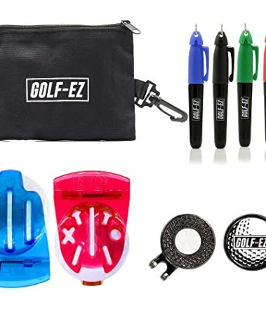 Golf-EZ TRI-LINE Golf Ball Alignment Kit with Hat Clip Ball Marker and Carry Case | Swing Path Arrows & Ball Identifiers (Blue/Red)