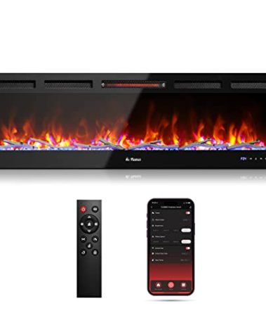 TURBRO 60” Smart WiFi Infrared Electric Fireplace with Sound Crackling and Realistic Flame, 1500W Quartz Heater, Recessed or Wall Mounted, Adjustable Flame Effects, Remote Control and App, in Flames