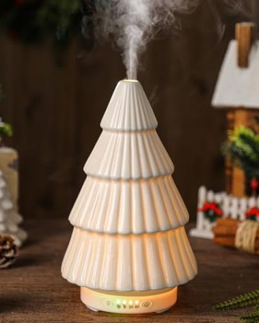 Rossesay Christmas Essential Oil Diffuser Gifts Ceramic 120ml Christmas Tree Diffuser for Essential Oil Cute Small Aromatherapy Humidifier for Home Office Holiday Decorations(White)