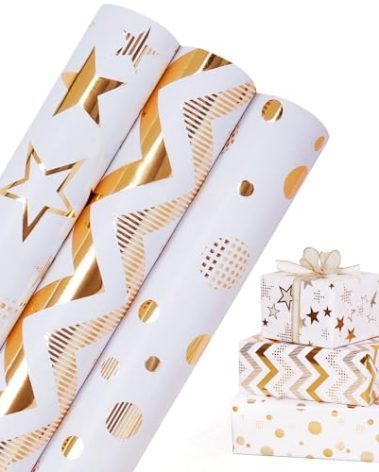 Christmas Gift Wrapping Paper Rolls, 3 Rolls Gold Foil Xmas Wrapping Paper, Polka Dots/Wavy Stripes/Star Christmas Wrapping Paper Mini Roll for Xmas, New Year, Holiday Party - 17 Inch X 120 Inch