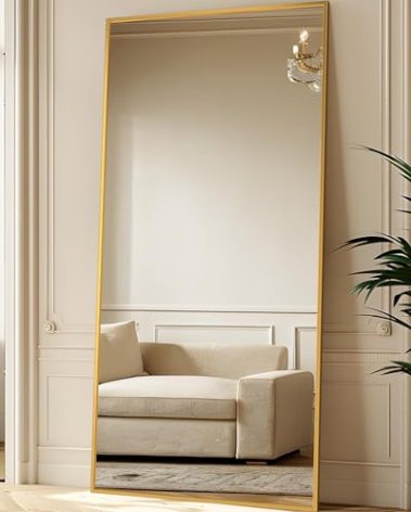 Antok Full Length Mirror, 76"x34" Oversized Floor Mirror Freestanding, Full Body Mirror Floor Standing Mirrors with Stand, Hanging Mounted Mirrors for Living Room Cloakroom,Gold,Rect Style