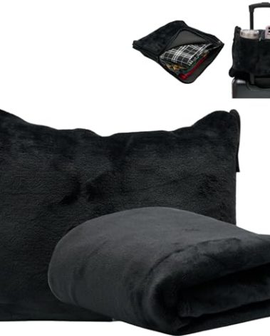 TAKE Off Travel Blanket & Plane Pillow Set – 3-in-1 Compact Blanket with Storage Pouch & Bottle Pocket – Converts to Pillow or Carry Bag – Lightweight Airplane Travel Essentials