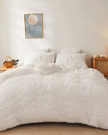 FOPPA Luxury Faux Fur Comforter Cover Set Ultra Soft Plush Bedding Sets 3 Pieces (1 Faux Fur Duvet Cover + 2 Faux Fur Pillow case) Zipper (White, Queen)