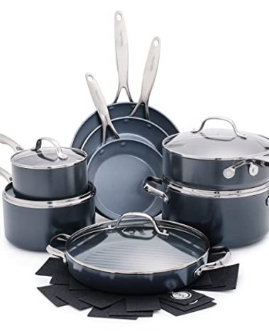 GreenPan 16 Piece Valencia Pro Ceramic Nonstick Cookware Set, PFAS-Free, Induction Ready, Hard Anodized Pots & Pans with Lids, Compatible on All Cooktops, Dishwasher & Oven Safe, Gray