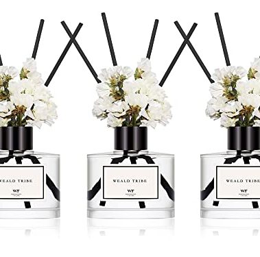 WEALD TRIBE Real Flower Reed Diffuser Set of 3 for Bathroom Shelf Decor, Lemongrass,Eucalyptus & Mint,Velvet Vanilla Scent Sticks Defusers with Essential Oils | Home Office Fragrance(1.7 fl oz/Pack)