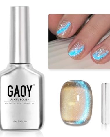 GAOY Cat Eye Gel Nail Polish, 16ml Blue Glitter Nail Polish with Nude Base, Reflective Holographic Translucent UV Gel with Magnet, 2408 Mermaid Tears