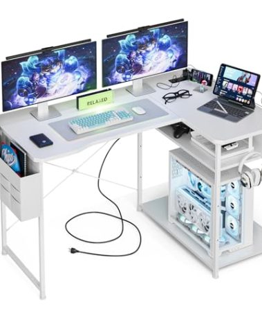 Acrolix L Shaped Gaming Desk 48 Inch - Computer Corner Desk with Power Outlets, Reversible Shelves & Storage Bag for Home Office, PC Gaming Table, White Carbon