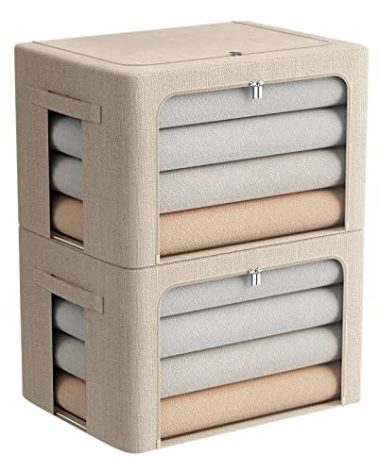 FHSQX 2 Pack Clothes Storage Bins Stackable Metal Frame Storage Box Foldable Linen Fabric Box Organizer with Carrying Handles and Clear Window (Beige, 15.7x 11.8x 11.7 Inch)