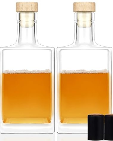 Liengoron 2Pack 25 oz Glass Bottles with Lid 750 ml Clear Empty Bottles with Cork Square Glass Bottle with Cap for Liquor Vodka Brandy Whiskey Beer Water Soda