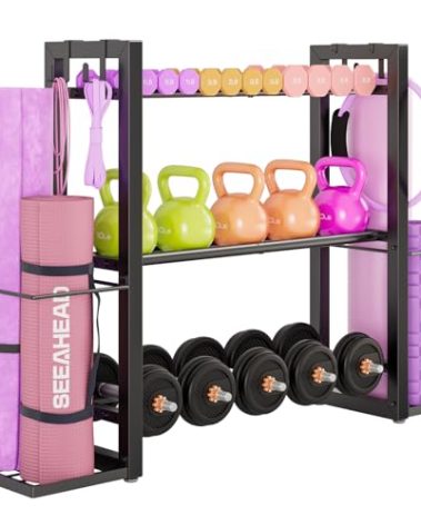3-Tier Adjustable Dumbbell Rack Heavy Duty Metal Storage Rack, Dumbbell Weight Rack and Kettlebells Rack, Yoga Mat Organizer, Multi-Purpose Gym Equipment Storage Stand for Home Gym Accessories
