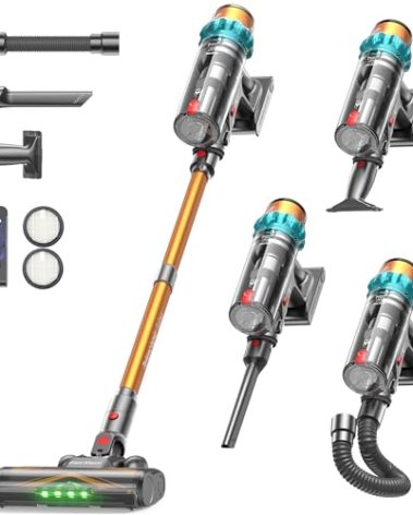 ElecKeys Cordless Vacuum Cleaner, 600W 50KPA 70Mins Self-Standing Vacuum Cleaners for Home, Stick Vacuum with Touch Screen, Upgraded Anti-Tangled Vacuum Cordless for Pet Hair, Floors, Carpets, Gold