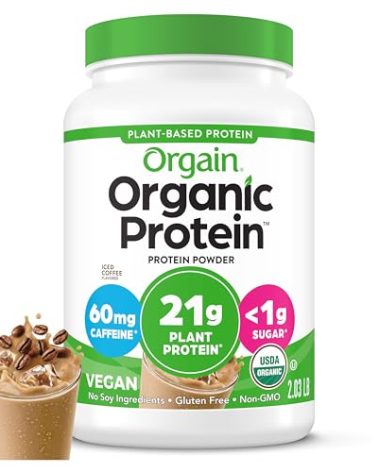 Orgain Organic Vegan Protein Powder, Iced Coffee - 21g Plant Protein, 60mg of Caffeine, Low Net Carb, No Lactose Ingredients, No Added Sugar, Non-GMO, For Shakes & Smoothies, 2.03 lb
