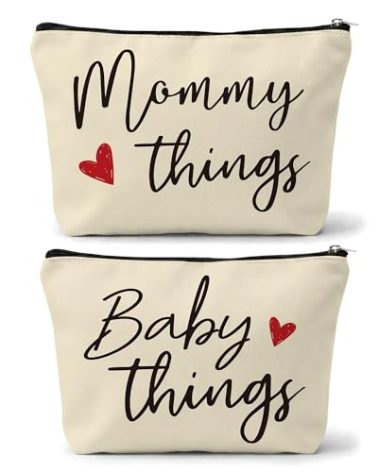 Sahjzk Mommy and Baby Matching Pouch Set, Mommy Things and Baby Things Bags, Gifts for New Moms Expecting Moms, Matching Travel Cases, Beige Set of 2