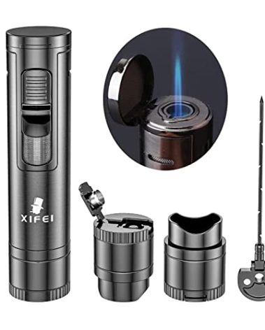 XIFEI Cigar Lighter, Cigar Puncher, Cigar Draw Enhancer, Cigar Stand, All-in-one Lighter (Gun ash)