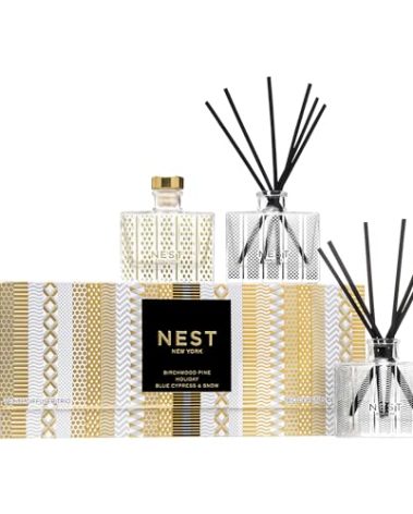 NEST New York Festive Petite Diffuser Trio - 1.3 fl oz Each - Includes Holiday, Birchwood Pine, and Blue Cypress & Snow - Fragrance for Up to 90 Days - Includes All-Natural Reed Sticks - Flame Free