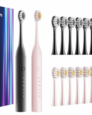 CindyLary 2 Pack Electric Toothbrush Set, Comes with 12 Brush Heads & 2 Electric Toothbrush,5 Modes with 2 Minutes Built in Smart Timer, One Charge for 60 Days, 38000 VPM Motor,Black and Pink.