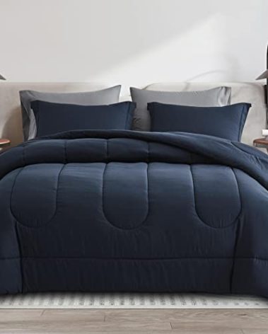 Maple&Stone Queen Size Comforter Set 7 Pieces Bed in a Bag - Down Alternative Bed Set with Sheets, Pillowcases & Shams, Soft Reversible Duvet Insert for Queen Bed, Navy & Dark Grey