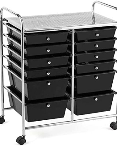 FANTASK 12-Drawer Rolling Storage Cart, Multipurpose Organizer Utility Trolley on Wheels, Tools Scrapbook Paper Organizer for School, Office, Home, Beauty Salon (Black)