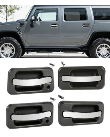 HECASA 4Pcs Exterior Door Handle Compatible with 2003-2009 Hummer H2 Base Replacement for 25845864 25845865 25845866 Front & Rear Driver Passenger Side (Chrome Lever & Black Housing)