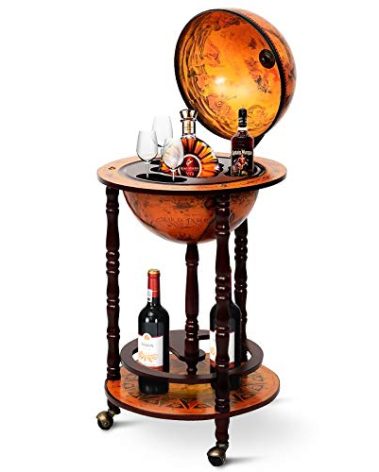 Goplus Globe Bar, 17.5” Liquor Globe Bar Cart with Wheels, Bottom Shelf, Old World Map, 16th Century Italian Replica Retro Wine Alcohol Stand, Globe Bar Cart for Dining Room Living Room Home