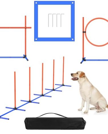 AHAILUOO 4 Sets Pets Agility Training Equipment, Adjustable Dog Hoop, Dog Jump, Weave Poles and Pause Box，with Independent Packaging(4 Sets)