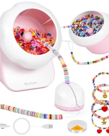 Myartype Clay Bead Spinner and Seed Bead Spinner, 2-in-1 Electric Bead Spinner for Jewelry Making, Bracelet Spinner and Necklace Making Machine with Bead Needles and Thread (Pink)