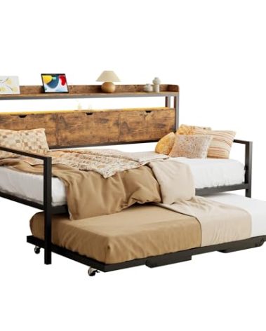 MU Twin Daybed with Pop Up Trundle, Metal Day Bed with Charging Station, LED Lights and Storage Headboard, Twin to King Sofa Bed for Living Room, Bedroom and Guest Room, Rustic Brown
