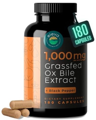 Grass-Fed Ox Bile Extract 1000mg Bile Salts Supplements with Black Pepper. Supports Digestive Health - 180 Count