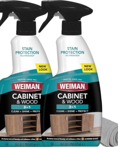 Weiman Cabinet and Wood Cleaner, Shine, Clean and Protect Spray - For Wood Cabinets, Furniture, Tables, Baseboards, Trim and more, 16 oz, 2 PACK with MicroFiber Towel