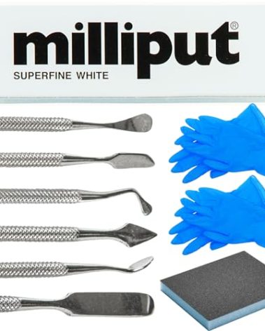 Milliput Plumbers Putty 10 Piece Set, Superfine White - with Sculpting Tools, Sanding Pad and Gloves - Ceramic Tile, Fiberglass Tub, Bath, Sink and Porcelain Repair Kit - 2 Part Epoxy Modeling Clay