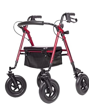 ELENKER All-Terrain Rollator Walker with 10” Rubber Wheels, Padded Seat & Backrest, Under-seat Basket for Seniors, Red