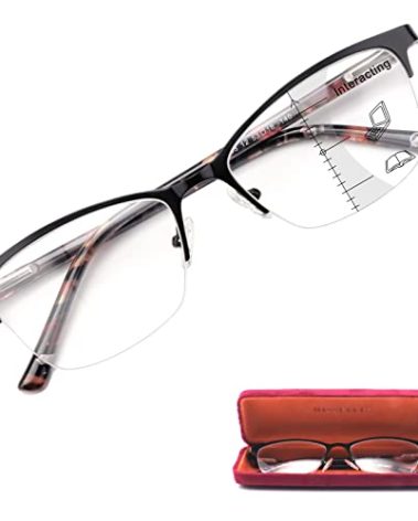 Missfive Premium Progressive Multifocus Metal Reading Glasses Women & A Case, Quality Spring Hinge Blue Light Blocking No Line Lens Multifocal Readers(for Mid-Near Workspace_2.0x_Classic Black)