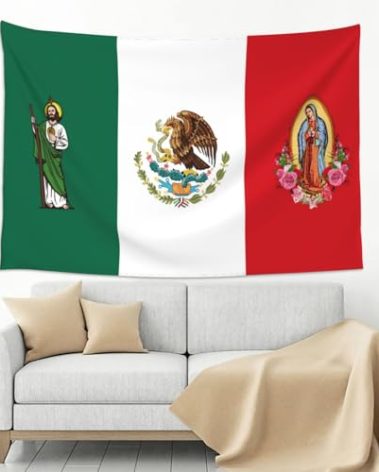 QZLAN Mexican Flag Tapestry San Judas Tadeo Virgen de Guadalupe Wall Decor 60"x40"