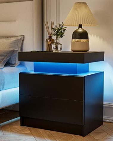 DobleCliCli LED Nightstand, Modern End Side Table with 2 Drawers, 20.5" Tall LED Storage Cabinet, Bedside Furniture for Bedroom, Living Room, Salon and Office, Black