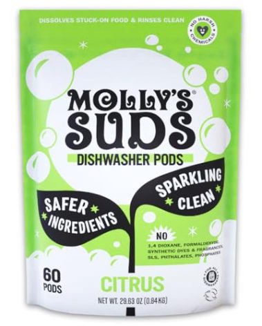 Molly's Suds Dishwasher Pods | Clean Dishwasher Detergent, Cuts Grease & Rinses Clean (Residue-Free) for Sparkling Dishes | 60 Auto-Release Tabs (Citrus)