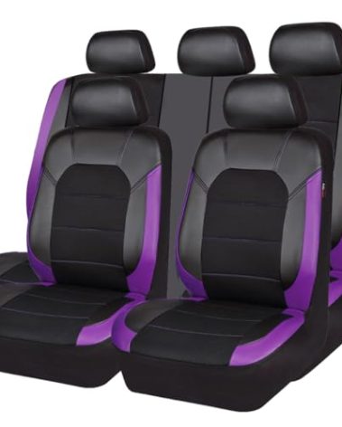 CAR PASS Leather Seat Covers, Breathable Universal Car Seat Cover Full Set for Cute Women Girly,Super 5mm Composite Sponge Inside,Airbag Compatible fits Most Auto,SUVs,Trucks,Vans(Black&Purple)
