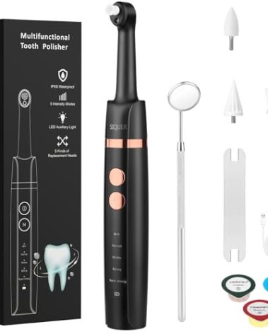 Tooth Polisher - SIQUER Plaque Remover for Teeth Whitening Dental Tools Electric Tartar Polishing Teeth Cleaning Kit with LED Light 5 Speed Modes with 5 Replacement Brush Heads (Black)