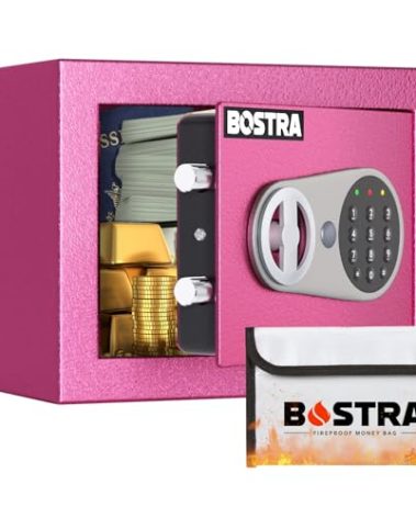 Bostra Fireproof Safe Box with Sensor Light & Fireproof Bag, Money Safe Box with Digital Keypad,Security Safe Box for Home, 0.23 Cubic Small Safe with Keys & Pass Code for Cash Jewelry Pink