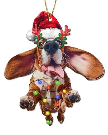 365RUSTIC Basset Hound Christmas Tree Keepsake Ornaments, Funny Dogs Themed 2 Side Printed Flat Wooden Ornament, Xmas Hanging Decor