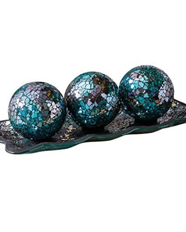 KMwares 12.4” Mosaic Glass Decorative Tray Dish Plate with 3pcs 3" Decorative Orbs Balls Sphere Decor for Living Room or Dining Coffee Table Mantle Decor Centerpiece (Turquoise)